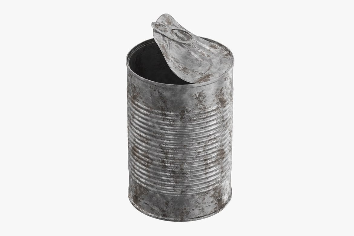 Download Tin Can Rusted, Weathered Ridged Cylinder with Partially Opened Lid 3D Model