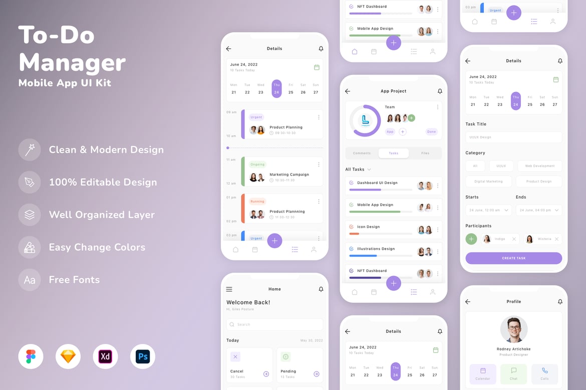 Download To-Do Manager Mobile App UI Kit Figma Design