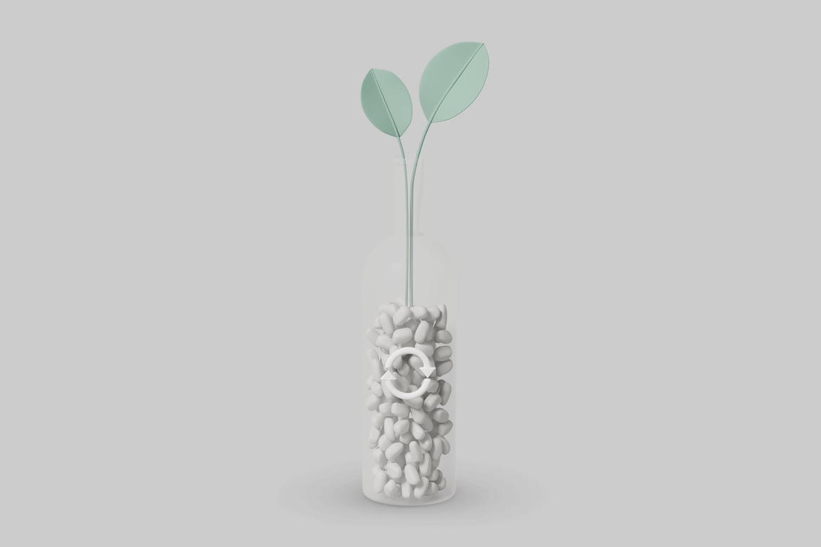 Download Transparent cylindrical object with white pills or pebbles and green stems and leaves. 3D Model