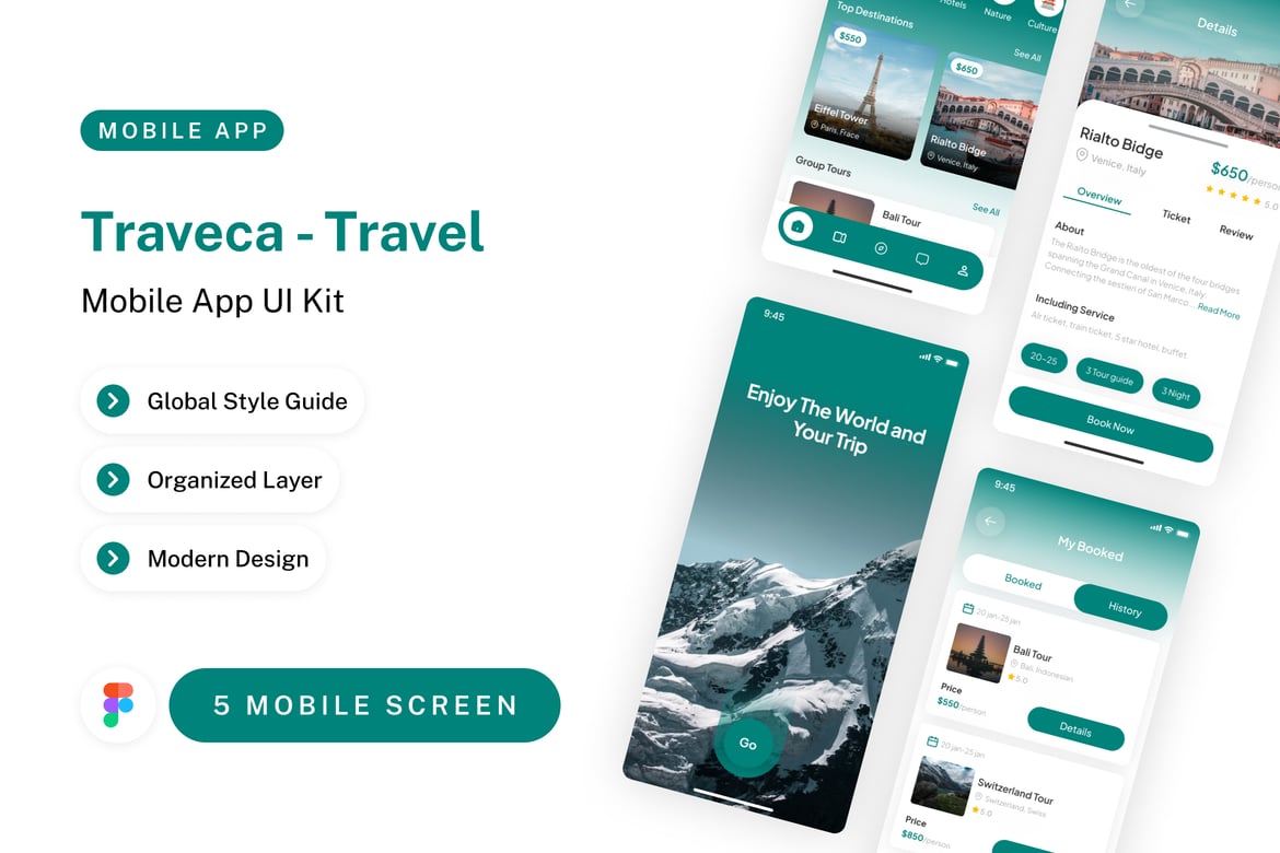 Download Traveca - Travel Mobile App UI Kit Figma Design