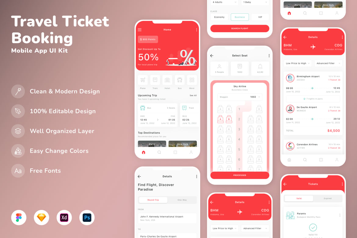 Travel Ticket Booking Mobile App Ui Kit Figma Design Prime Access