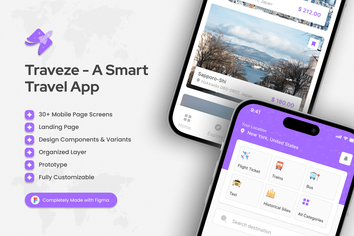 Download Traveze - Travel App UI Kit Figma Design