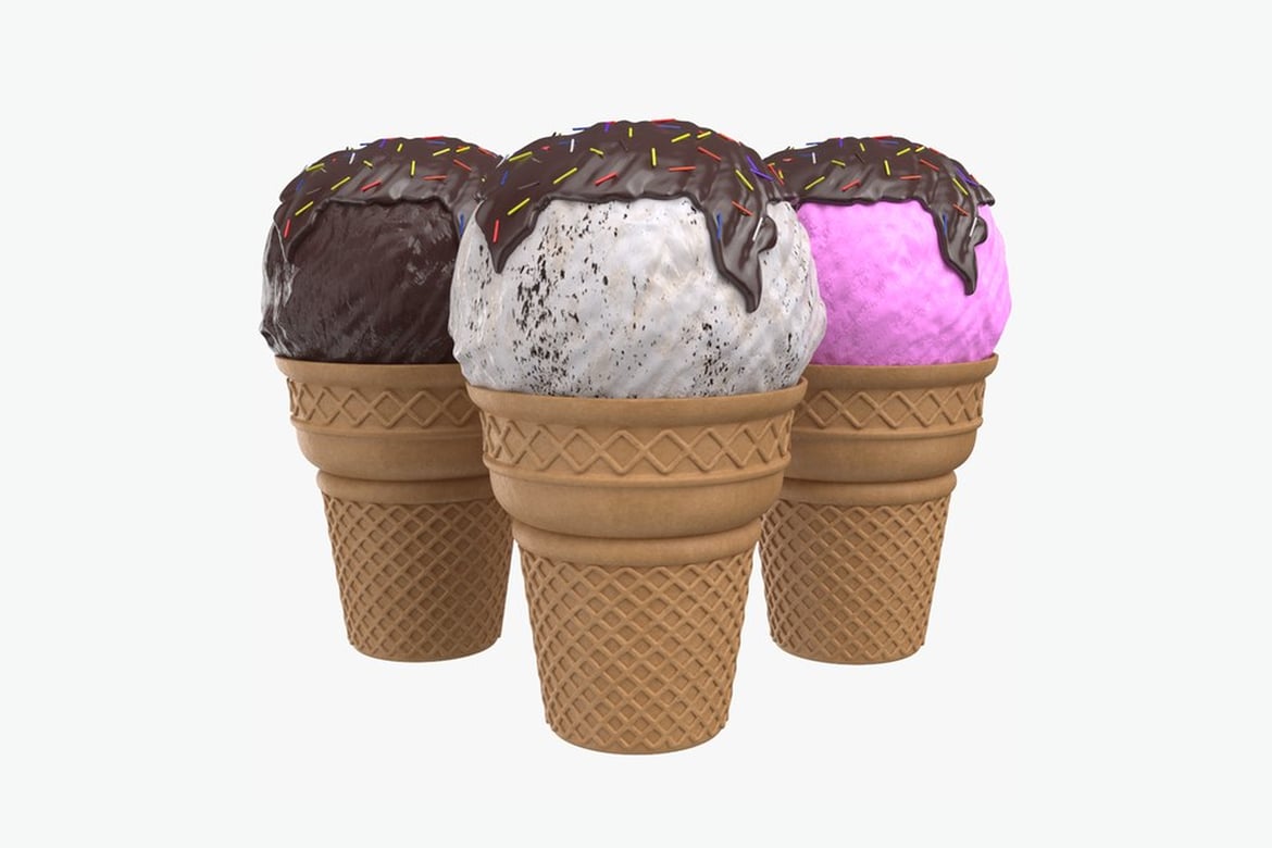 Download Tri-Color Ice Cream Cones with Chocolate and Sprinkles 3D Model