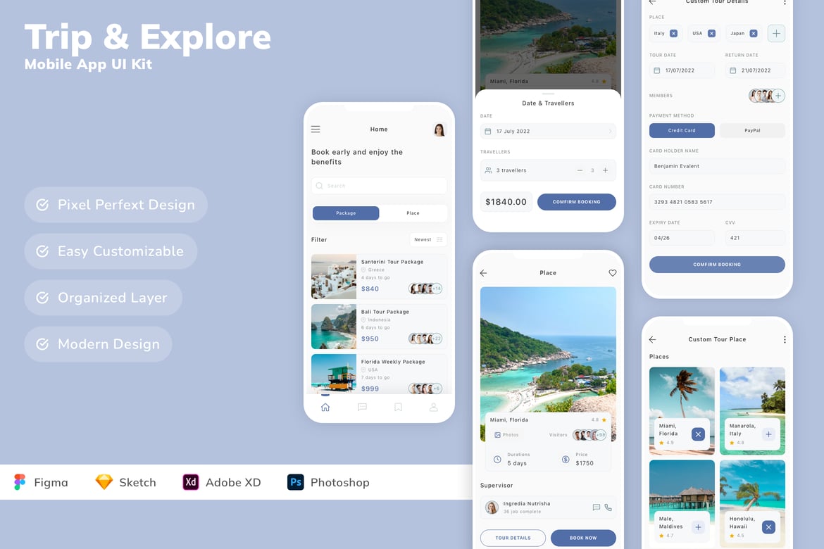 Download Trip & Explore Mobile App UI Kit Figma Design