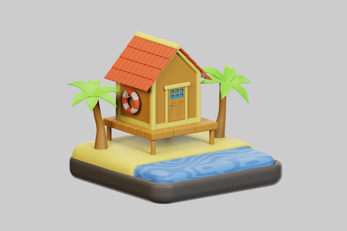 Download Tropical house on a wooden platform surrounded by palm trees and water 3D Model