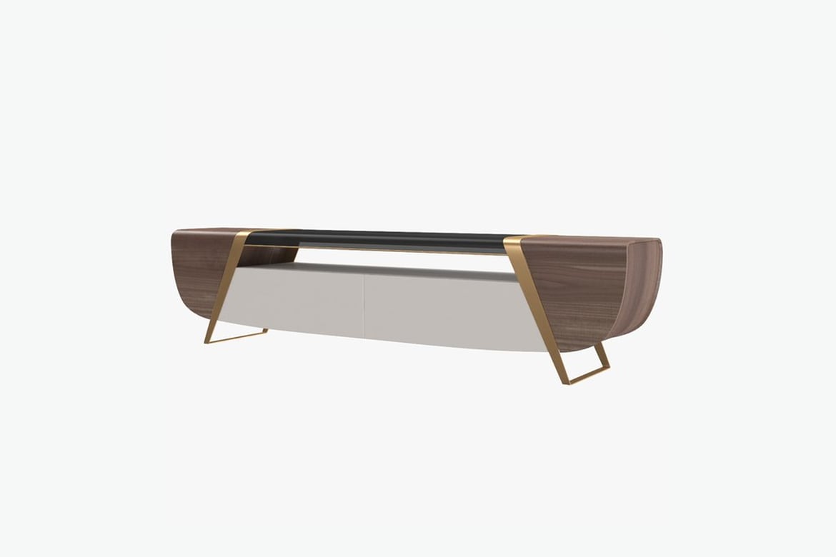 Download Tv Cabinet, Curved Table with Contrasting Wood and White Interior 3D Model