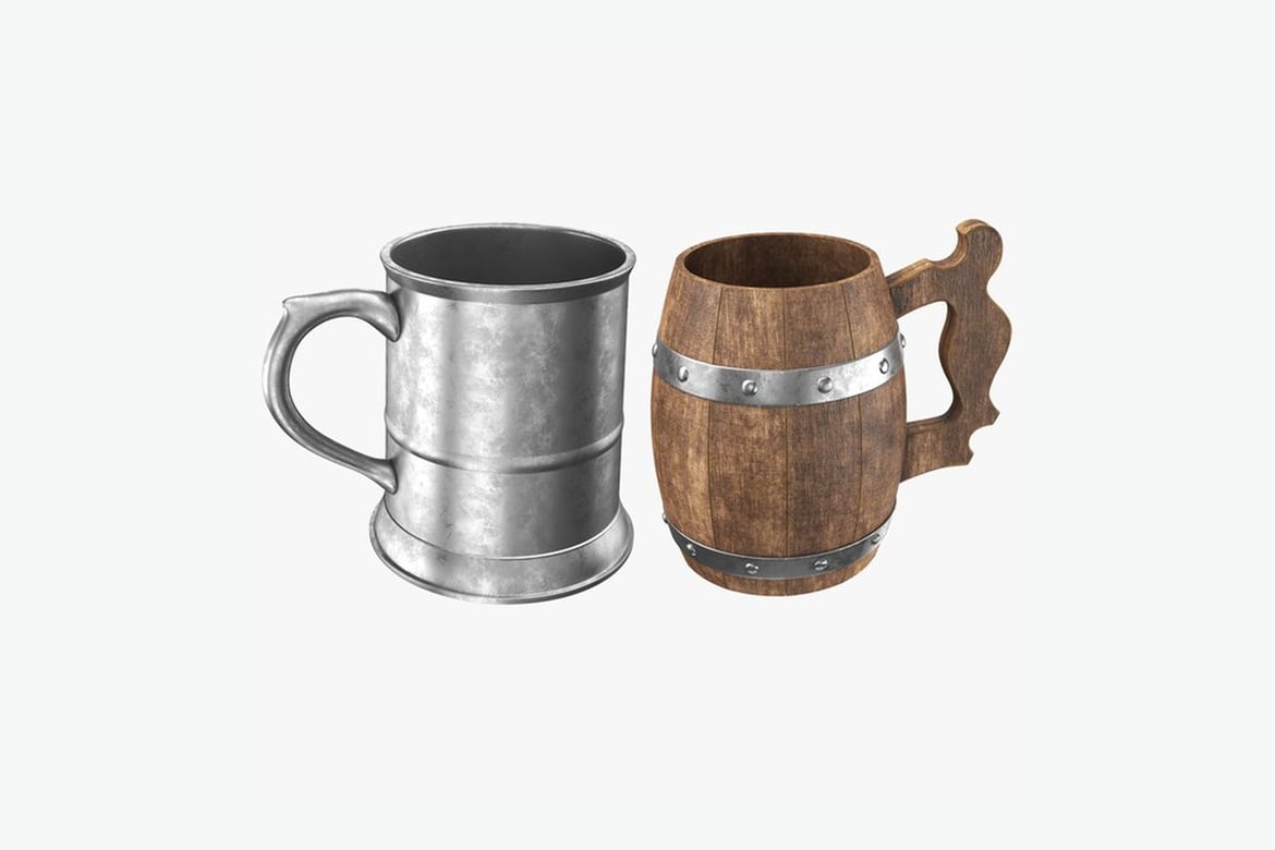 Download Two Beer Steins, Metal and Wooden Mugs with Contrasting Textures 3D Model