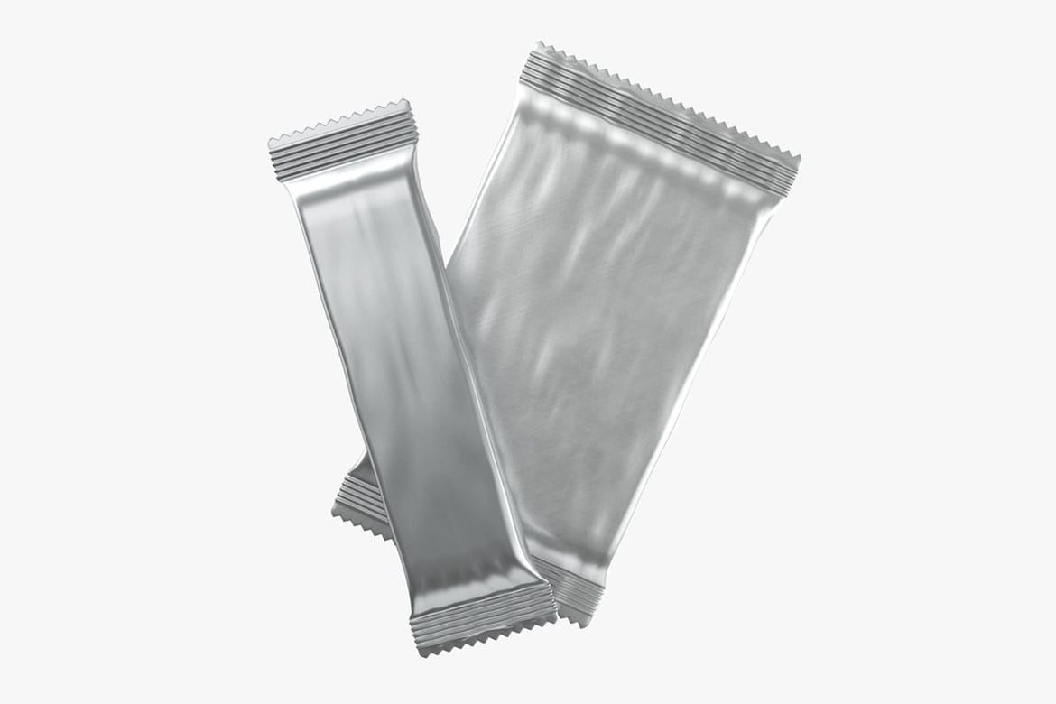 Download Two Food Packaging Bars, Overlapping Silver Foil Packets with Serrated Edges 3D Model