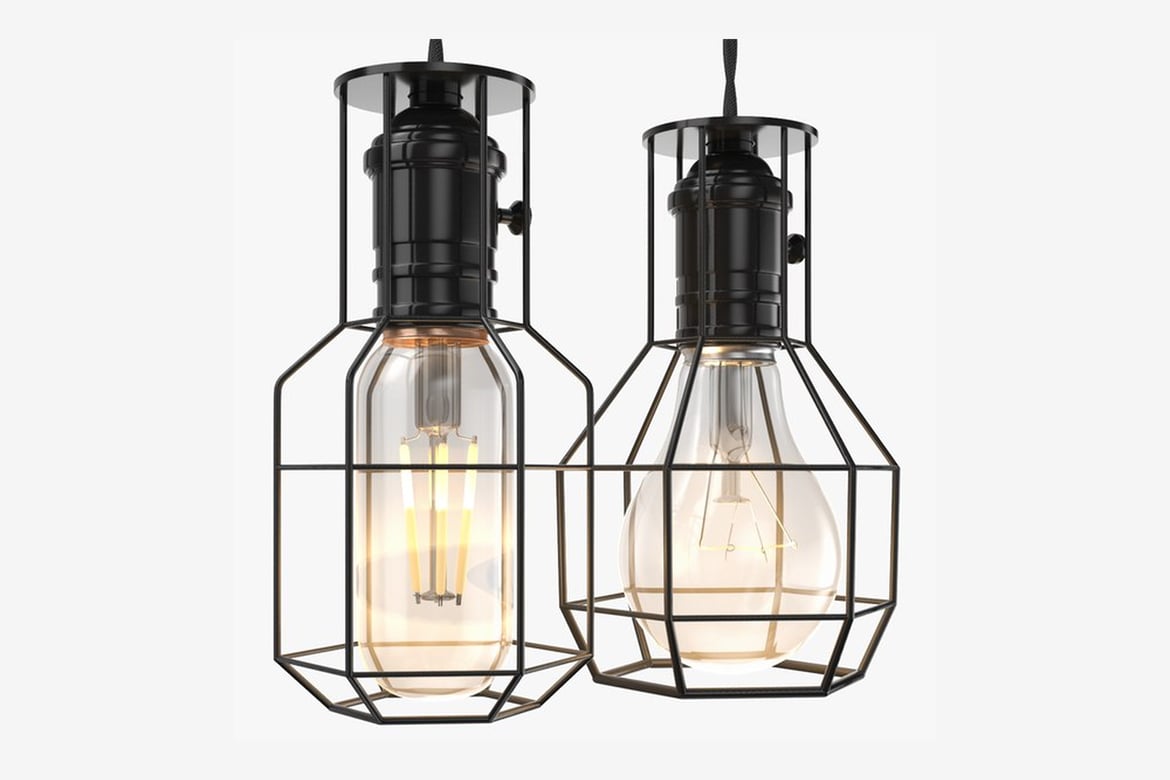 Download Two Industrial Hanging Lights, Illuminated and Unilluminated Pendant Lamps with Geometric Metal Frameworks 3D Model