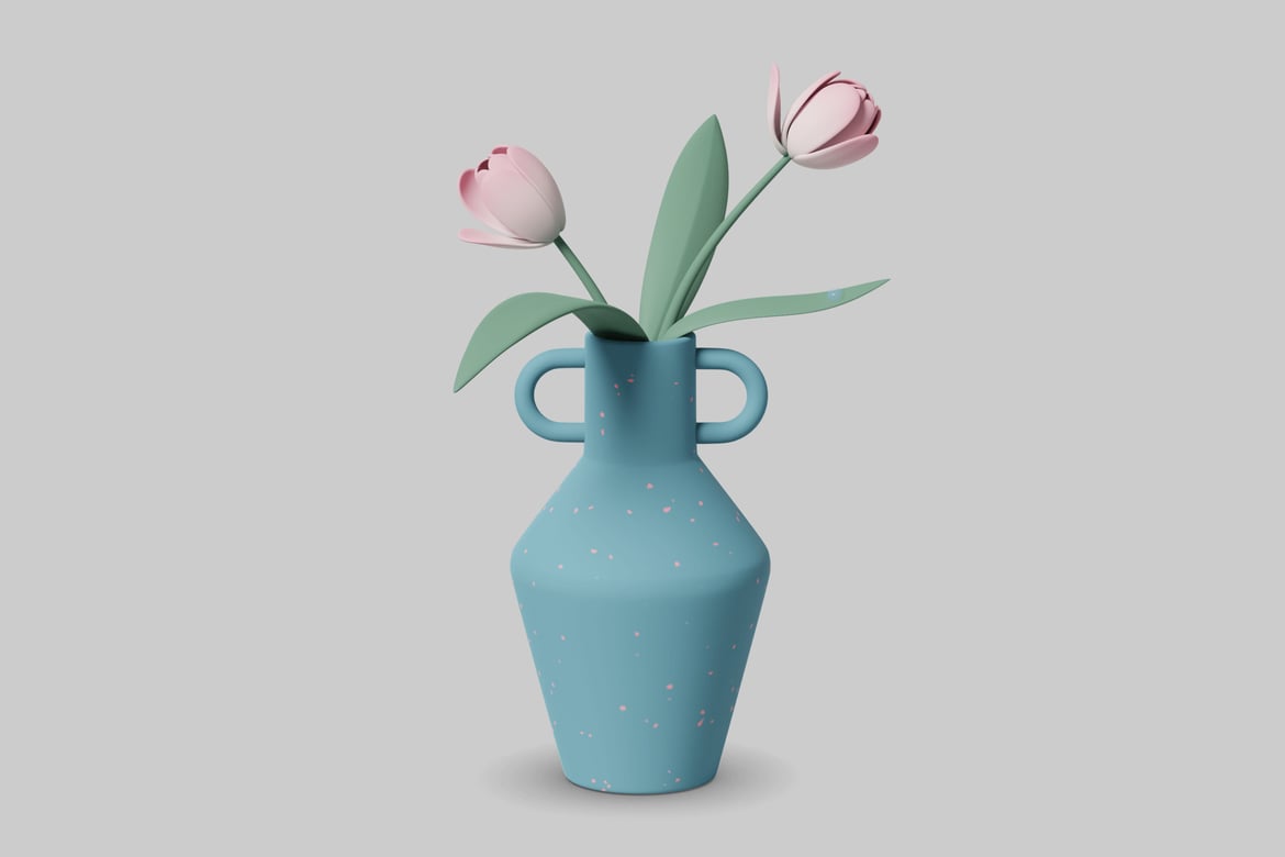 Download Two Pink Tulips in a Blue Vase 3D Model