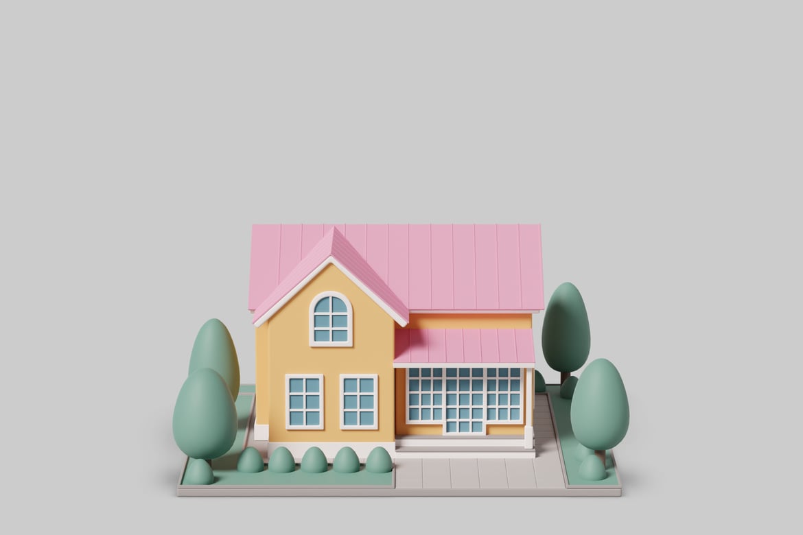 Download Two-story house with pink roof and yellow walls. 3D Model