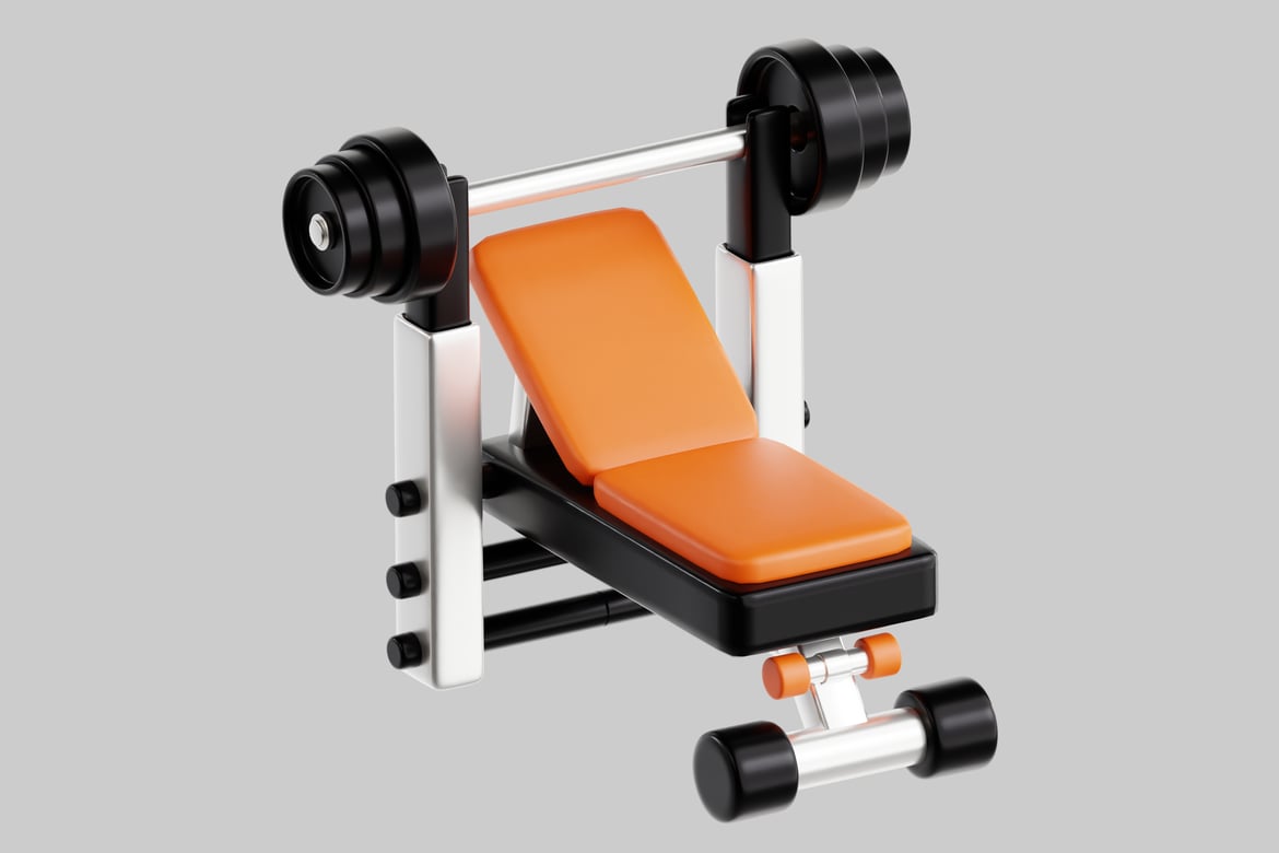 Download Weight bench with orange seat and backrest, silver frame, and black weights 3D Model