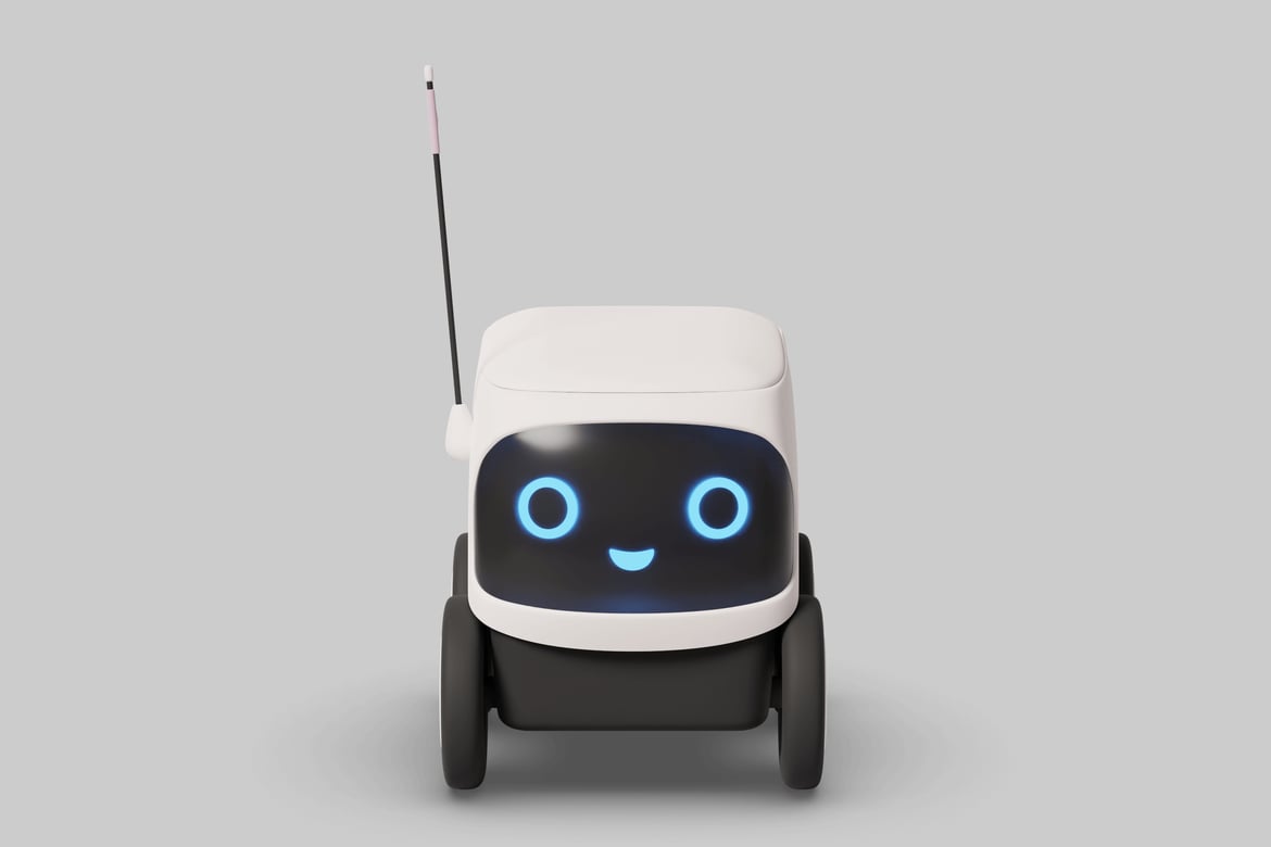 Download White and black robot with blue eyes and a smile. 3D Model