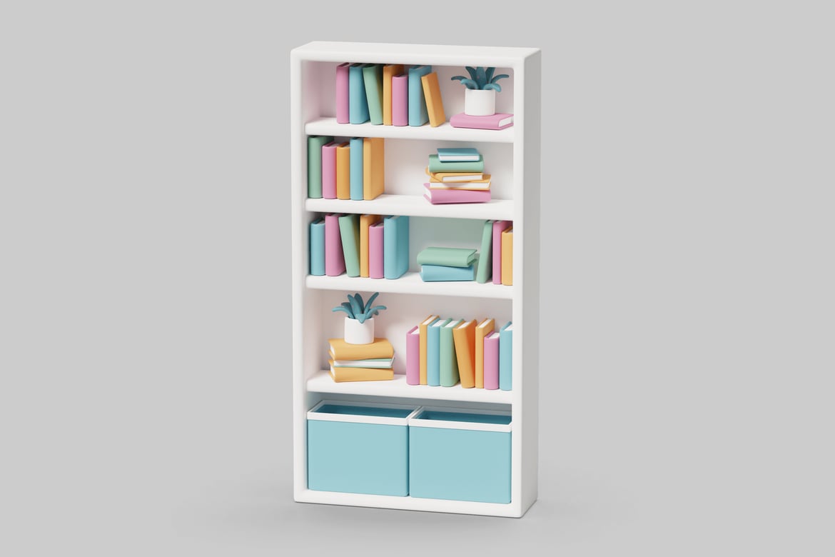 Download White Bookshelf with Pastel-Colored Books and Plants 3D Model