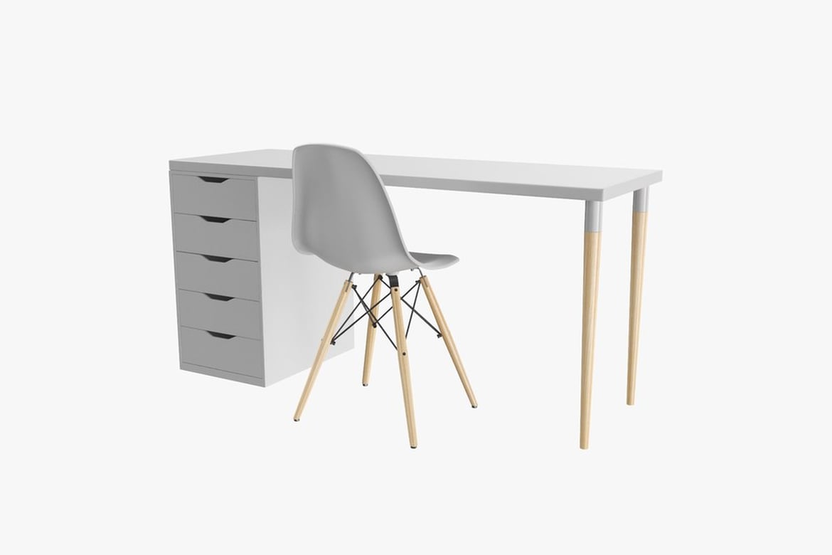 Download White Desk and Wooden Chair with Black Accents 3D Model