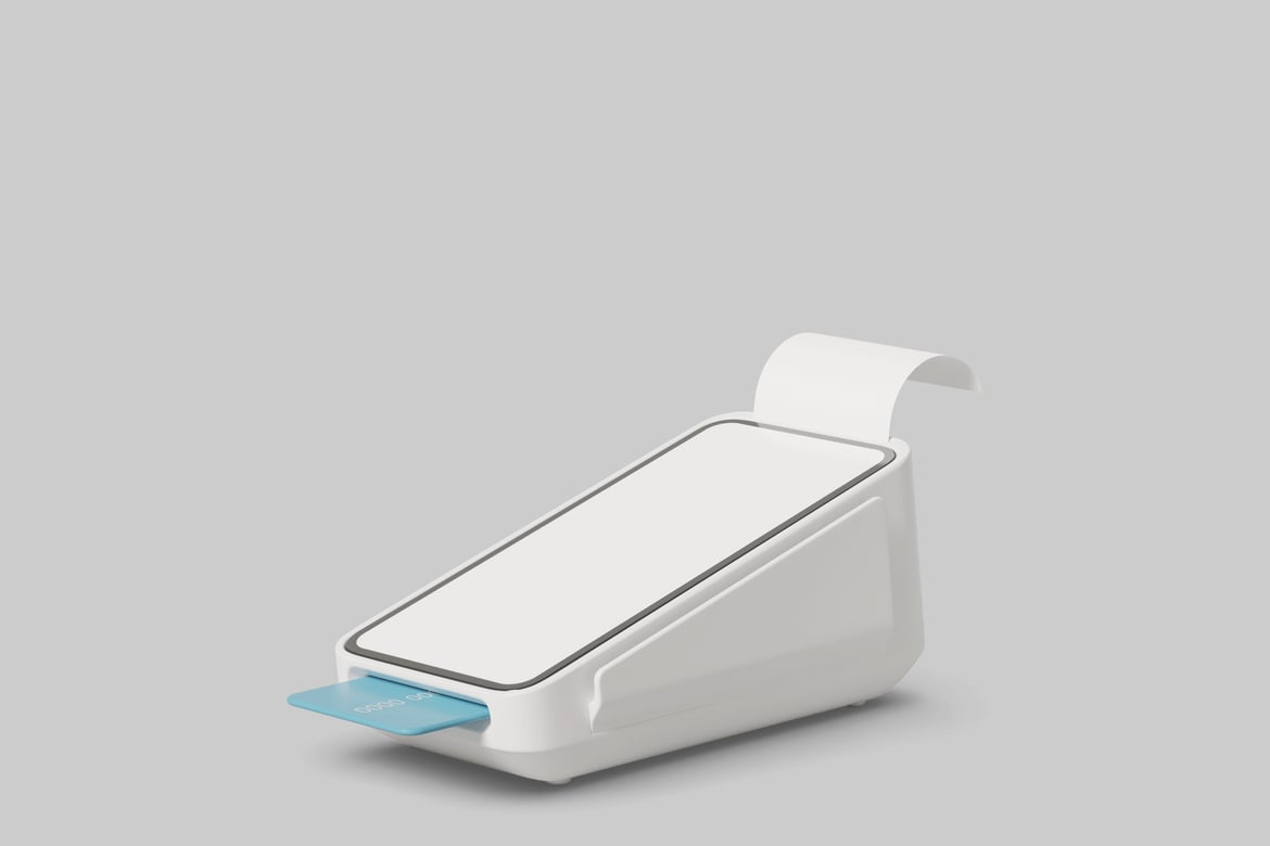 Download White device with curved paper tray and blue card slot. 3D Model