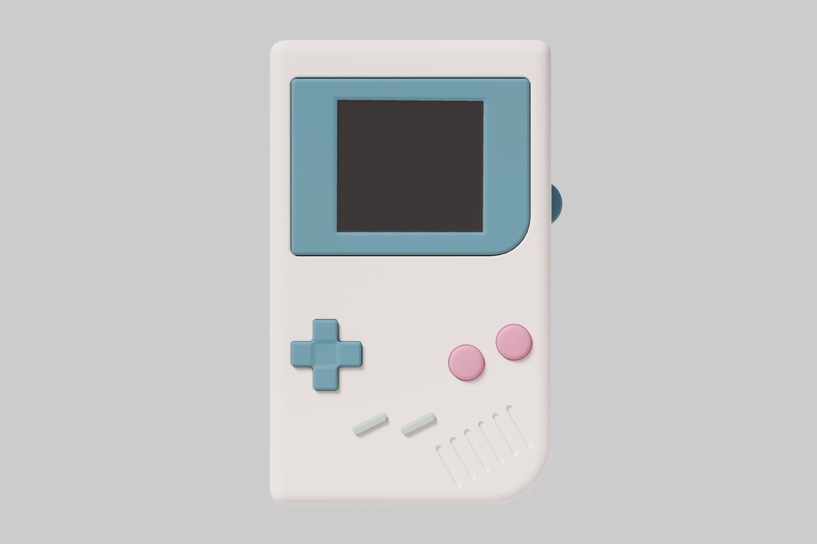 Download White handheld video game console with blue screen and pink buttons 3D Model