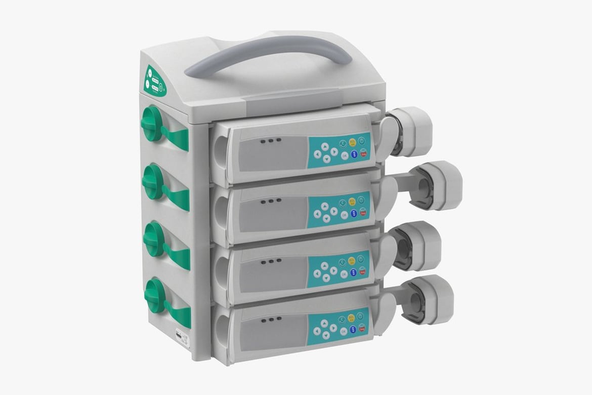 Download White Infusion Pump with Teal Panels and Green Ports 3D Model