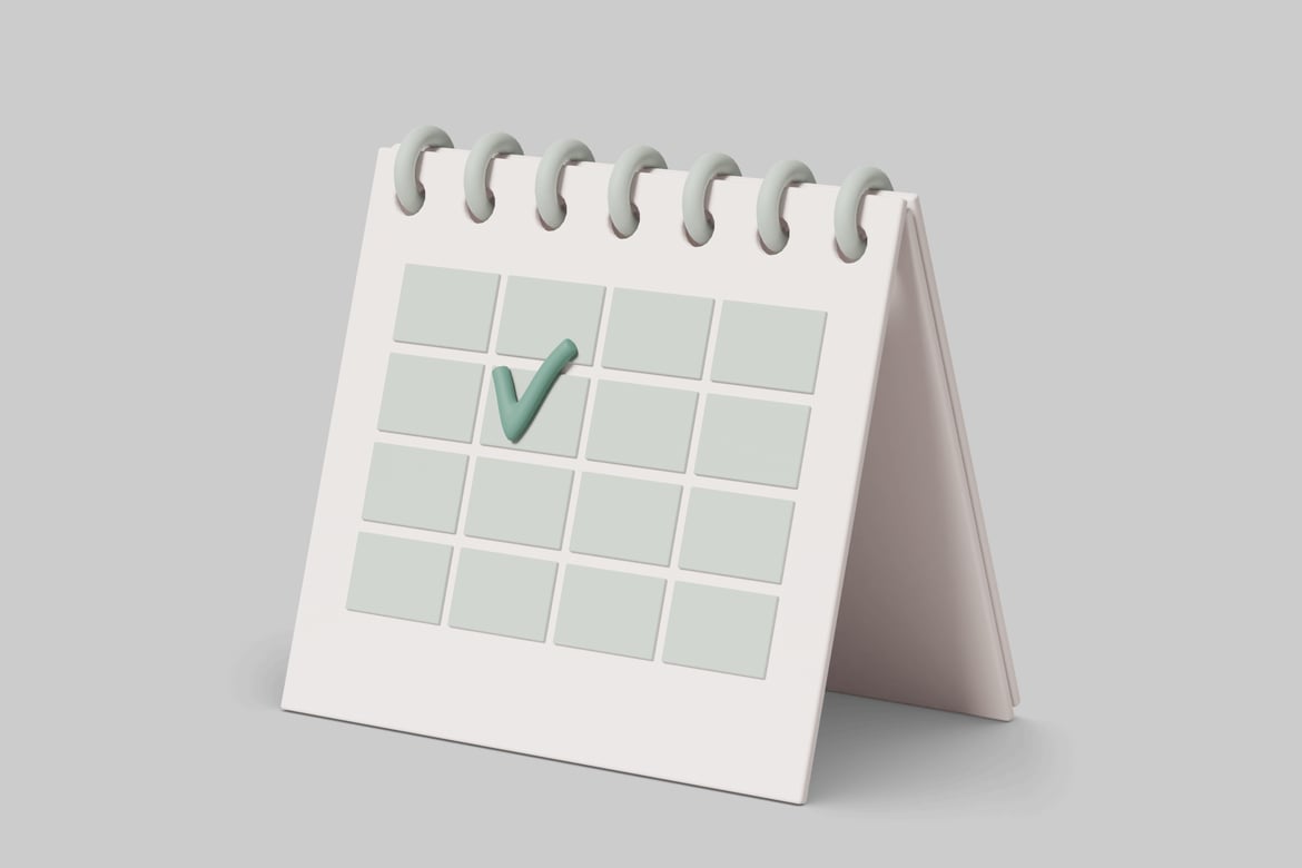 Download White spiral-bound calendar with a light green checkmark. 3D Model