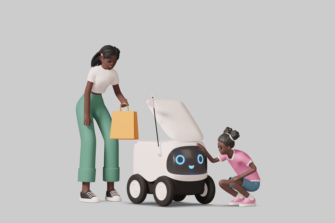 Download Woman and girl interacting with a robot. 3D Model