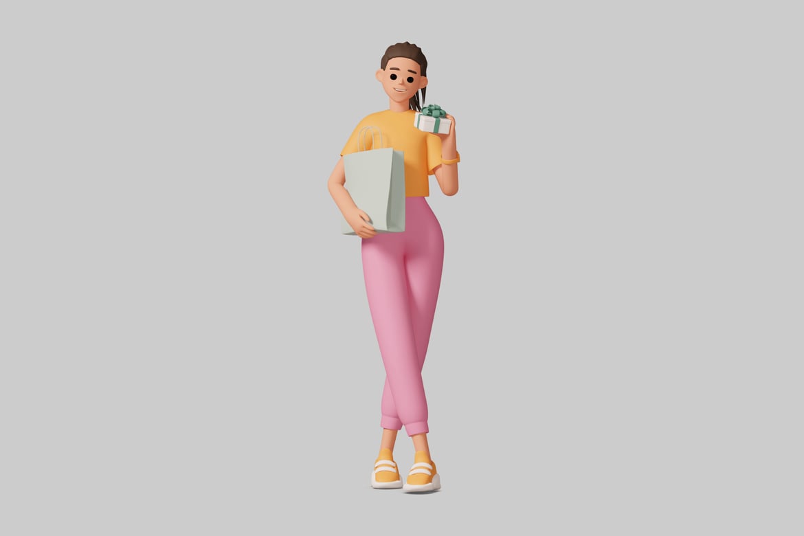 Download Woman holding a gift box and a shopping bag. 3D Model