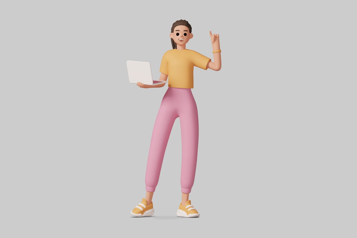 Download Woman holding a laptop and making a gesture. 3D Model