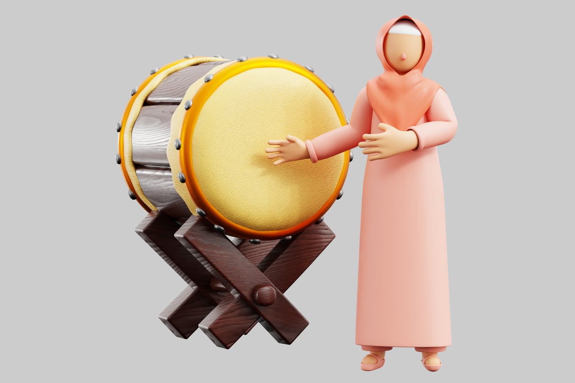 Download Woman in a Pink Dress and Headscarf Stands Beside a Large Drum 3D Model