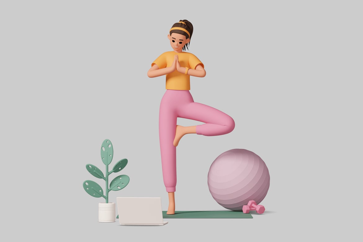 Download Woman in yoga pose surrounded by objects 3D Model