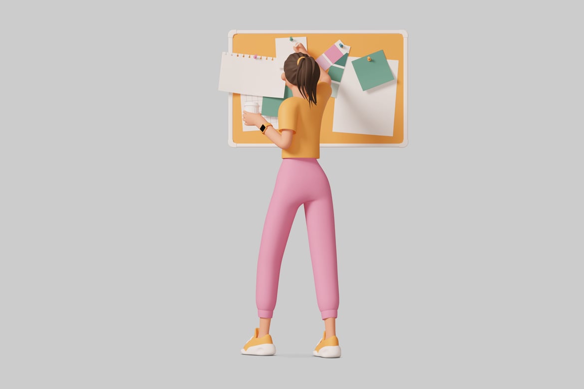 Download Woman with coffee cup and papers in front of bulletin board 3D Model