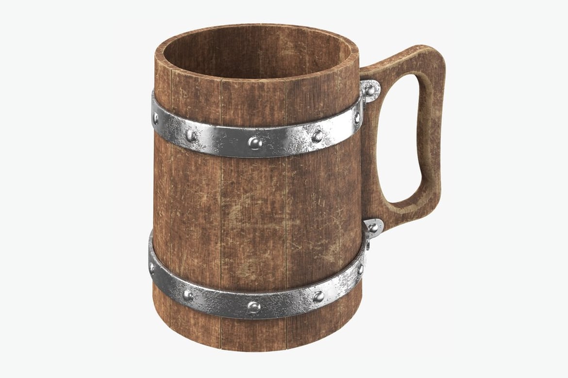 Download Wooden Beer Cup, Wooden Mug with Metal Bands and Rivets 3D Model