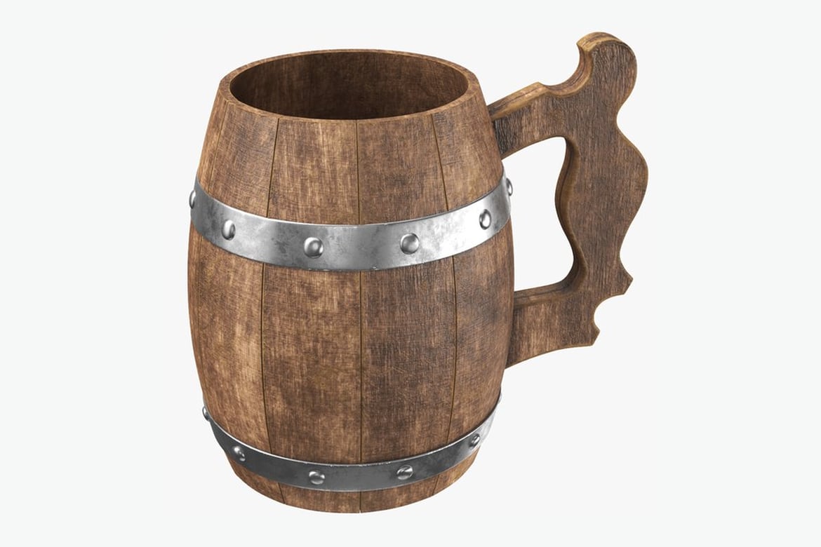 Download Wooden Beer Stein, Wooden Mug with Metal Bands 3D Model