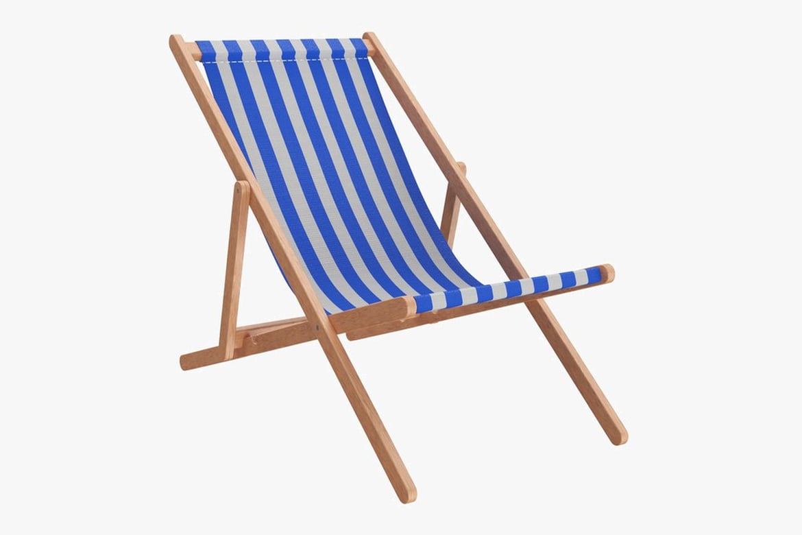 Download Wooden Deck Chair with Blue-And-White Striped Fabric 3D Model