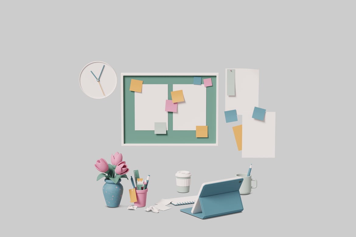 Download Workspace with a bulletin board and flowers 3D Model