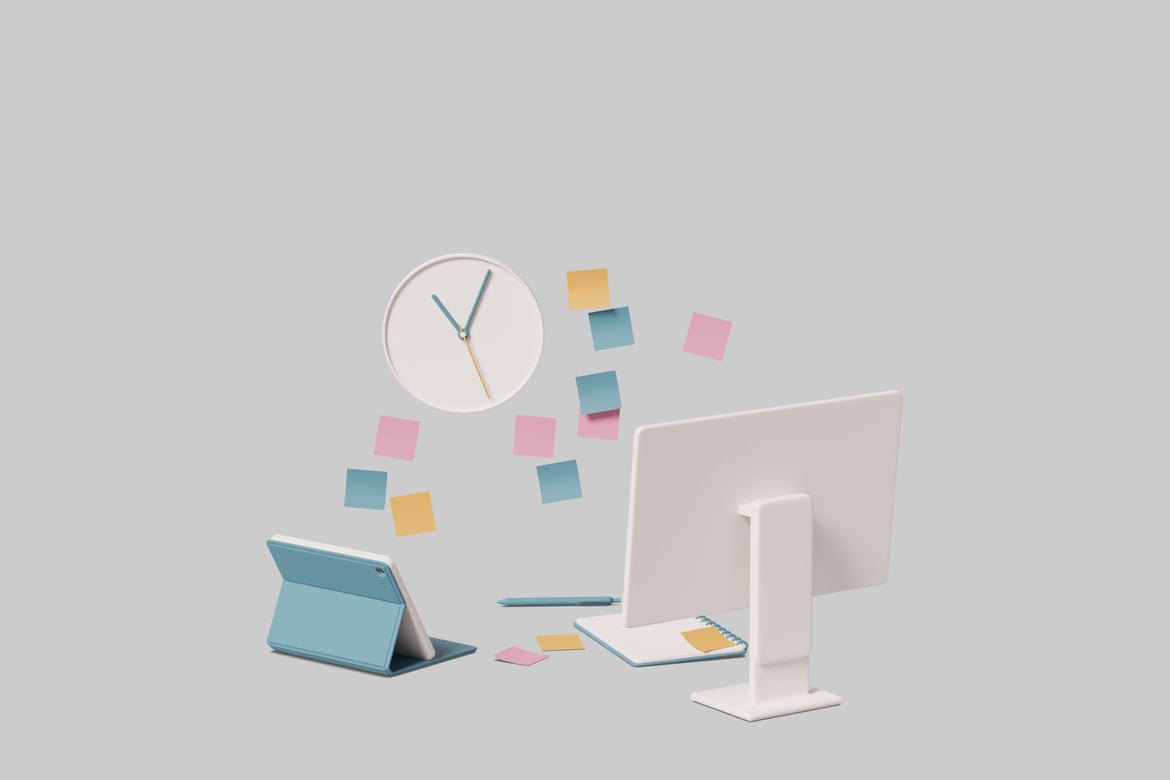 Download Workspace with clock and sticky notes 3D Model