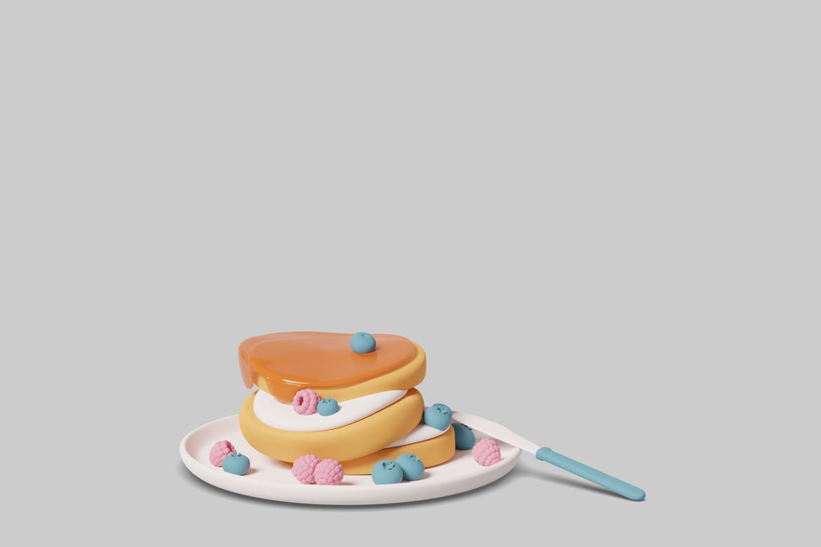 Download Yellow, blue, and pink dessert on a white plate. 3D Model