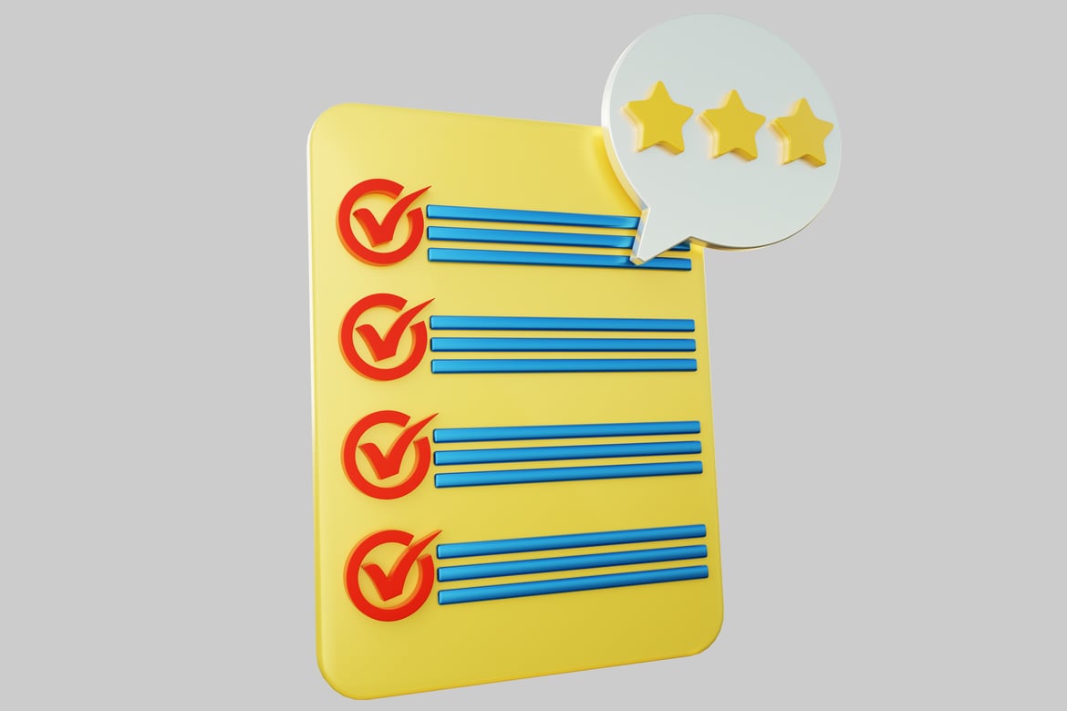 Download Yellow checklist with four checkmarks and speech bubble. 3D Model