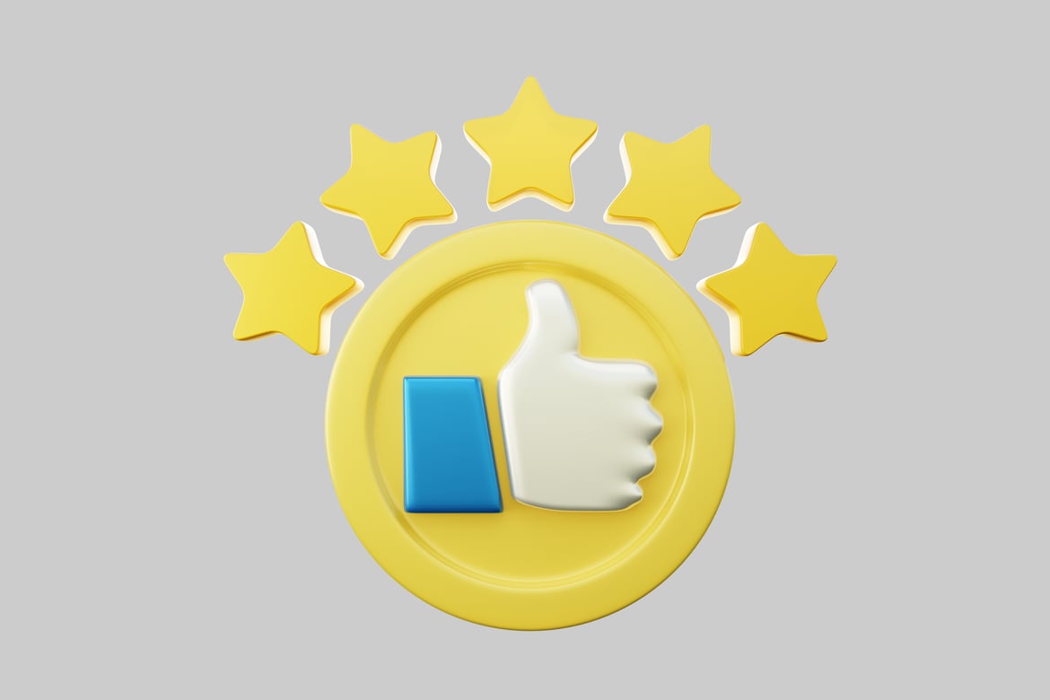 Download Yellow circle with thumbs-up icon, blue rectangle, and five yellow stars. 3D Model