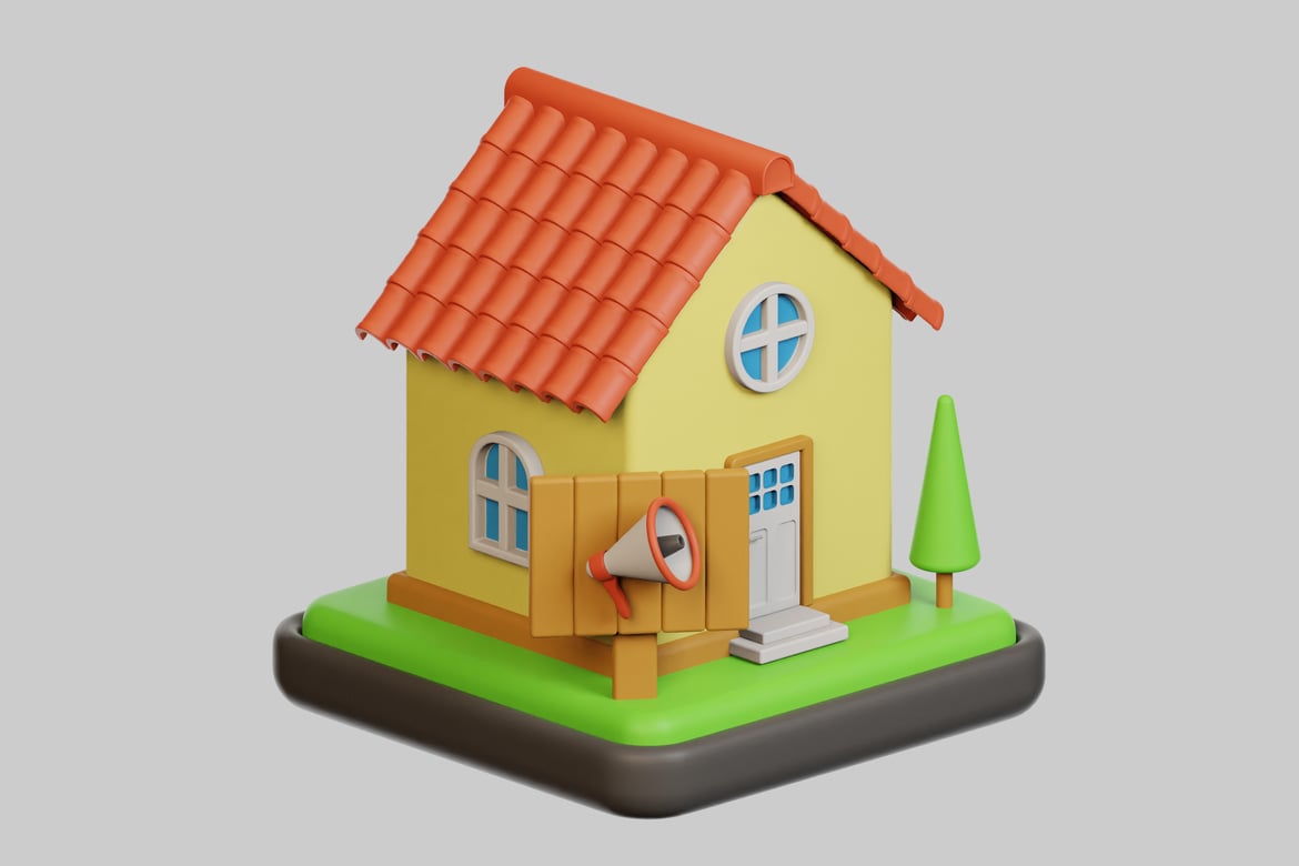 Download Yellow house with red roof and megaphone. 3D Model