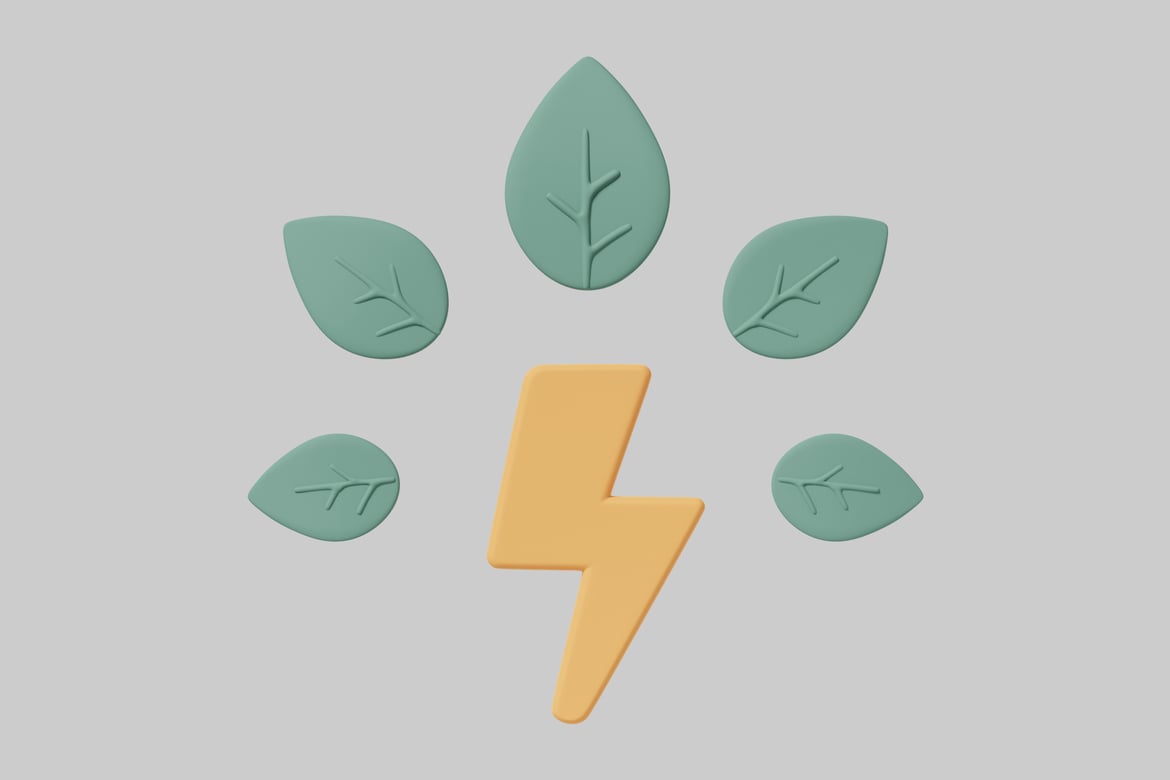 Download Yellow lightning bolt surrounded by five green leaves. 3D Model