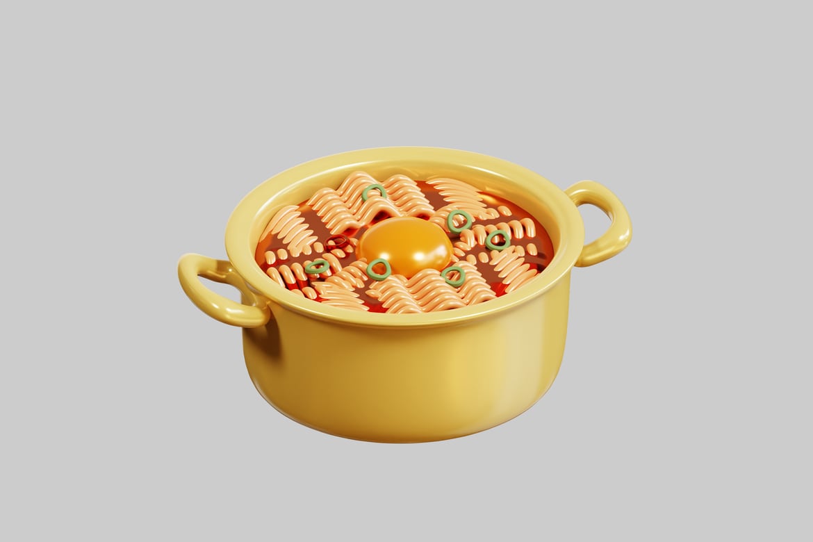 Download Yellow Pot Filled with Pasta on a Grey Background 3D Model