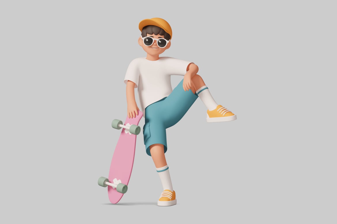 Download Young boy in a relaxed pose with a skateboard. 3D Model