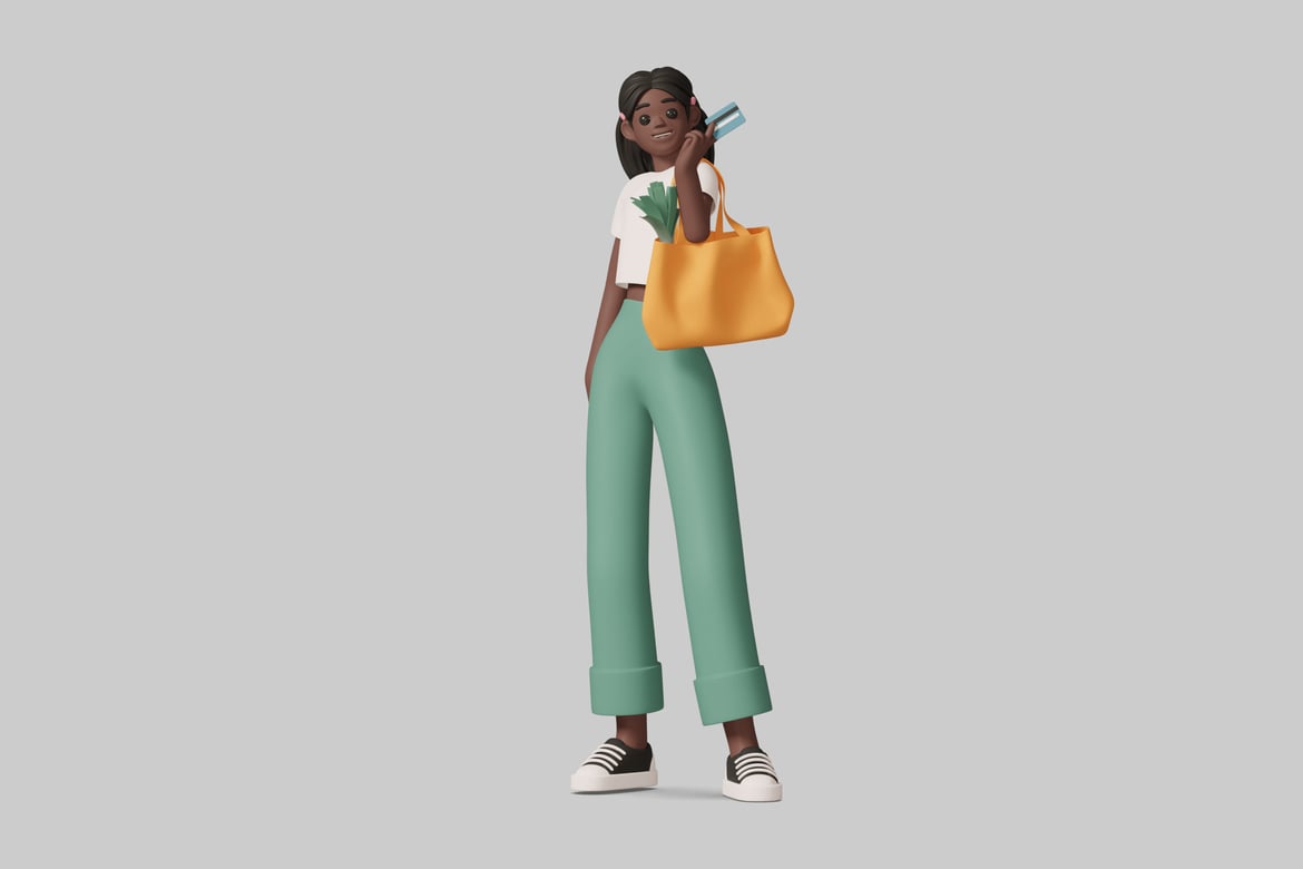 Download Young woman in a cartoon style illustration holding a yellow bag and a credit card 3D Model