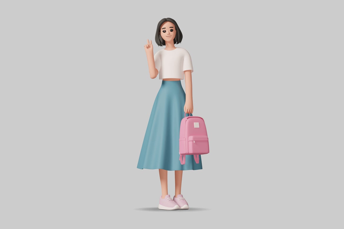 Download Young woman in a crop top and skirt making a peace sign 3D Model