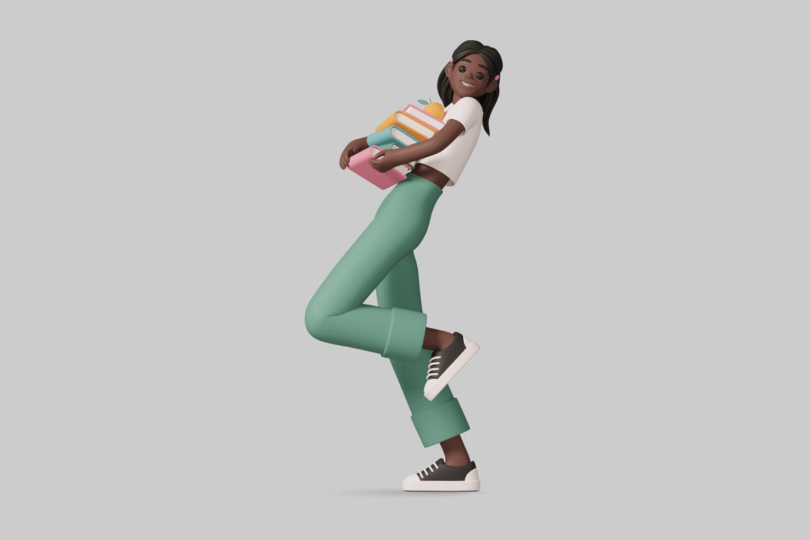 Download Young woman in colorful clothing stands on one leg with a stack of books. 3D Model