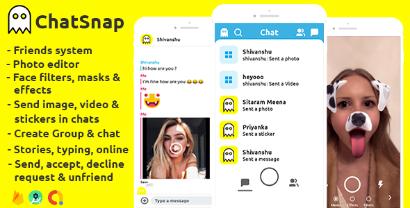 Download ChatSnap - Snapchat clone social network friend face filters chat editor + android studio + firebase