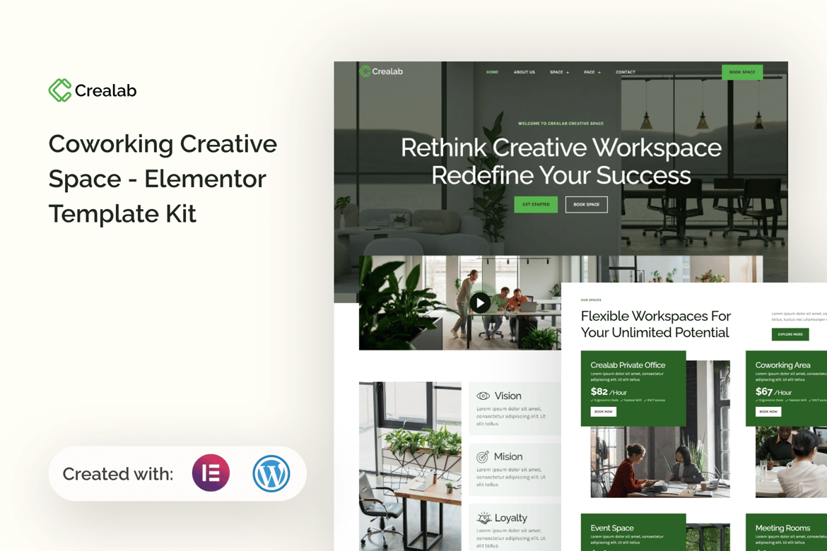 Download Crealab - Coworking Creative Space Elementor Template Kit