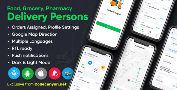 Download Delivery Person for Food, Grocery, Pharmacy, Stores React Native - Wordpress Woocommerce App