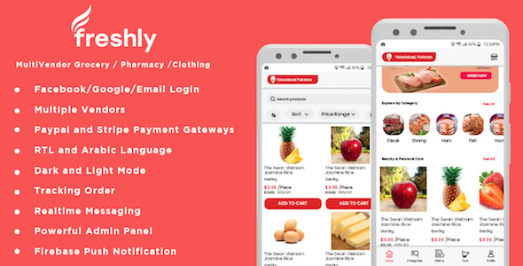 Download Freshly - Native Multi Vendor Grocery, Food, Pharmacy, Store Delivery Mobile App with Admin Panel