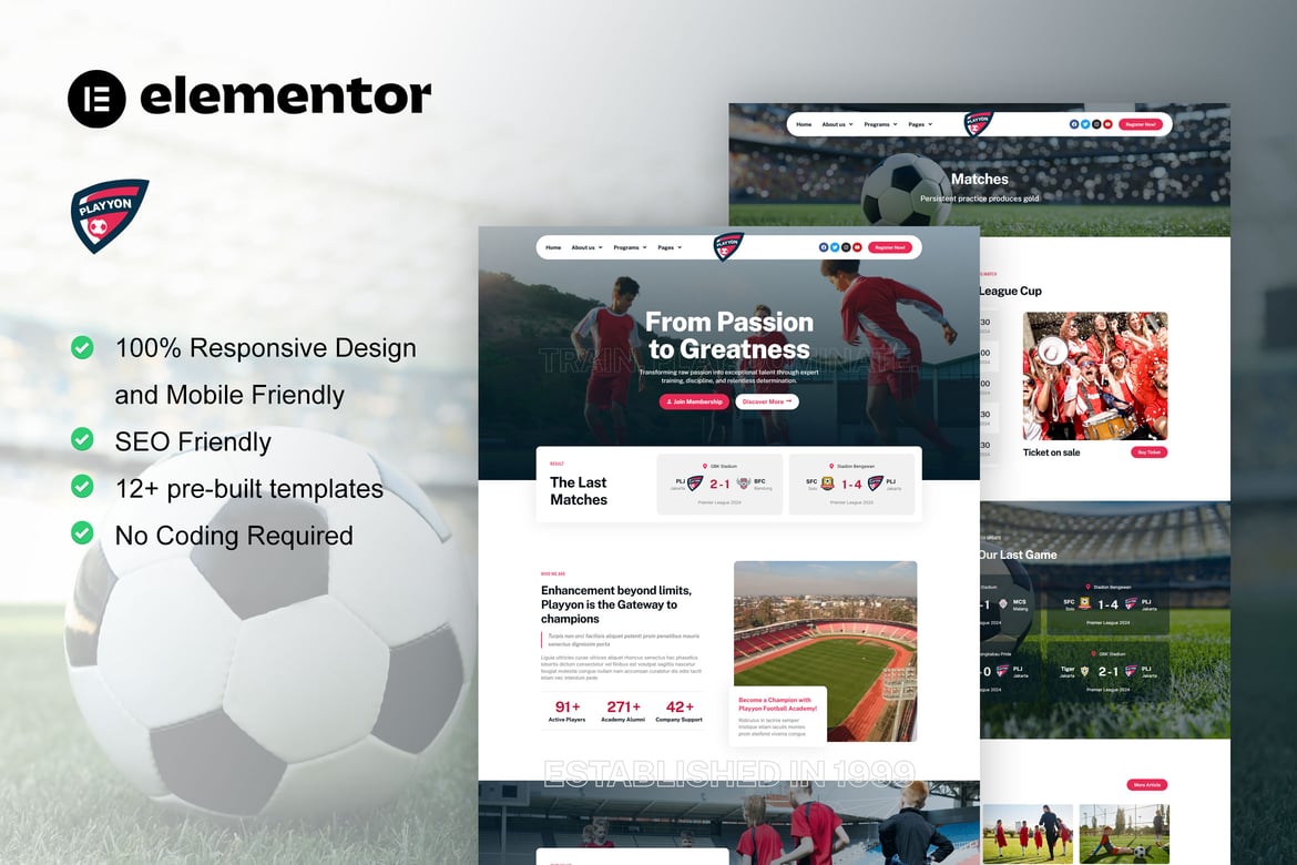 Download Playyon - Football Team & Sports Academy Elementor Pro Template Kit