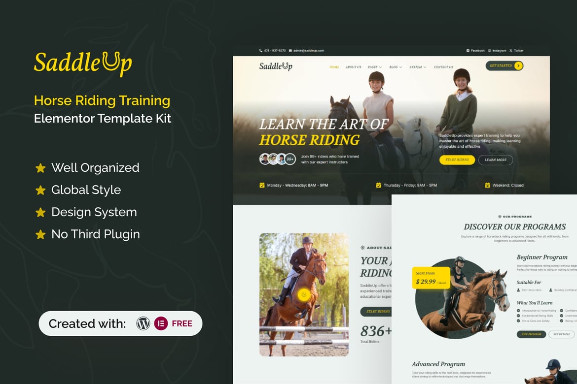 Download SaddleUp - Horse Riding Training Elementor Template Kit